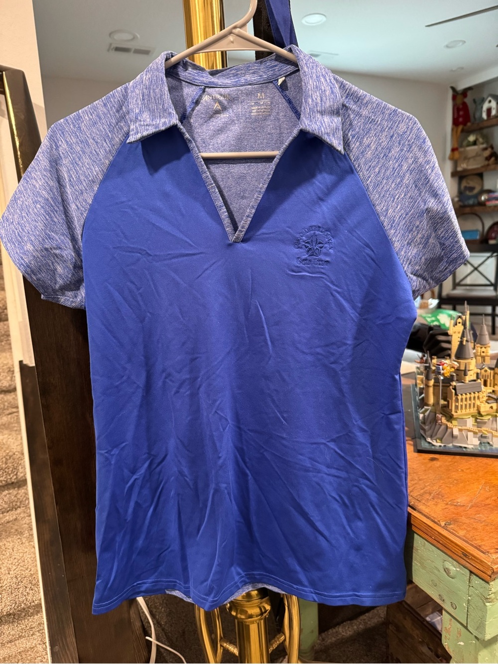 Women’s Blue Polo-Style Athletic Top with Heathered Sleeves